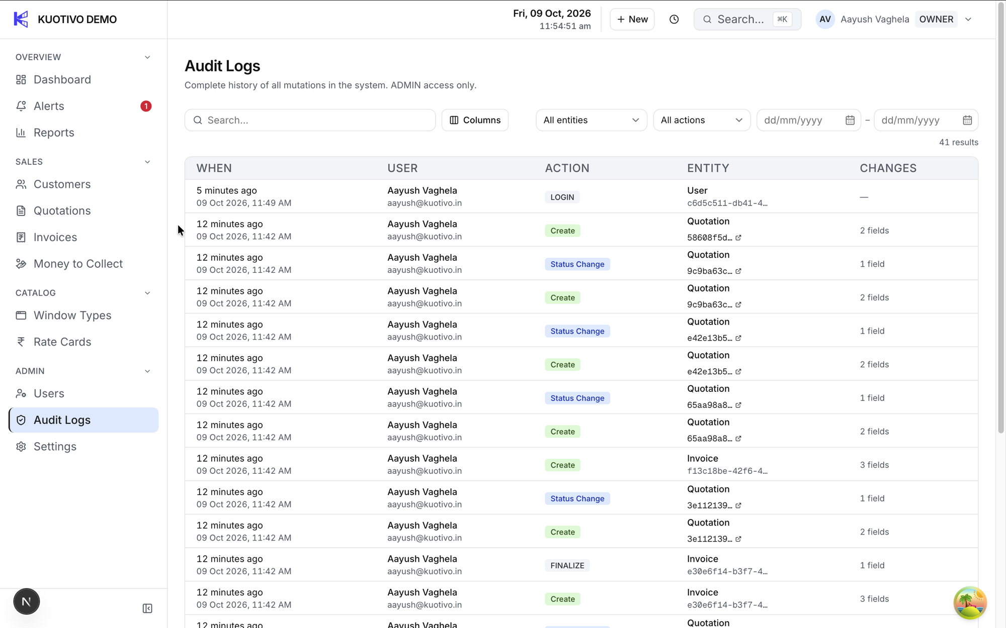 The Kuotivo audit log listing who changed which document and when.