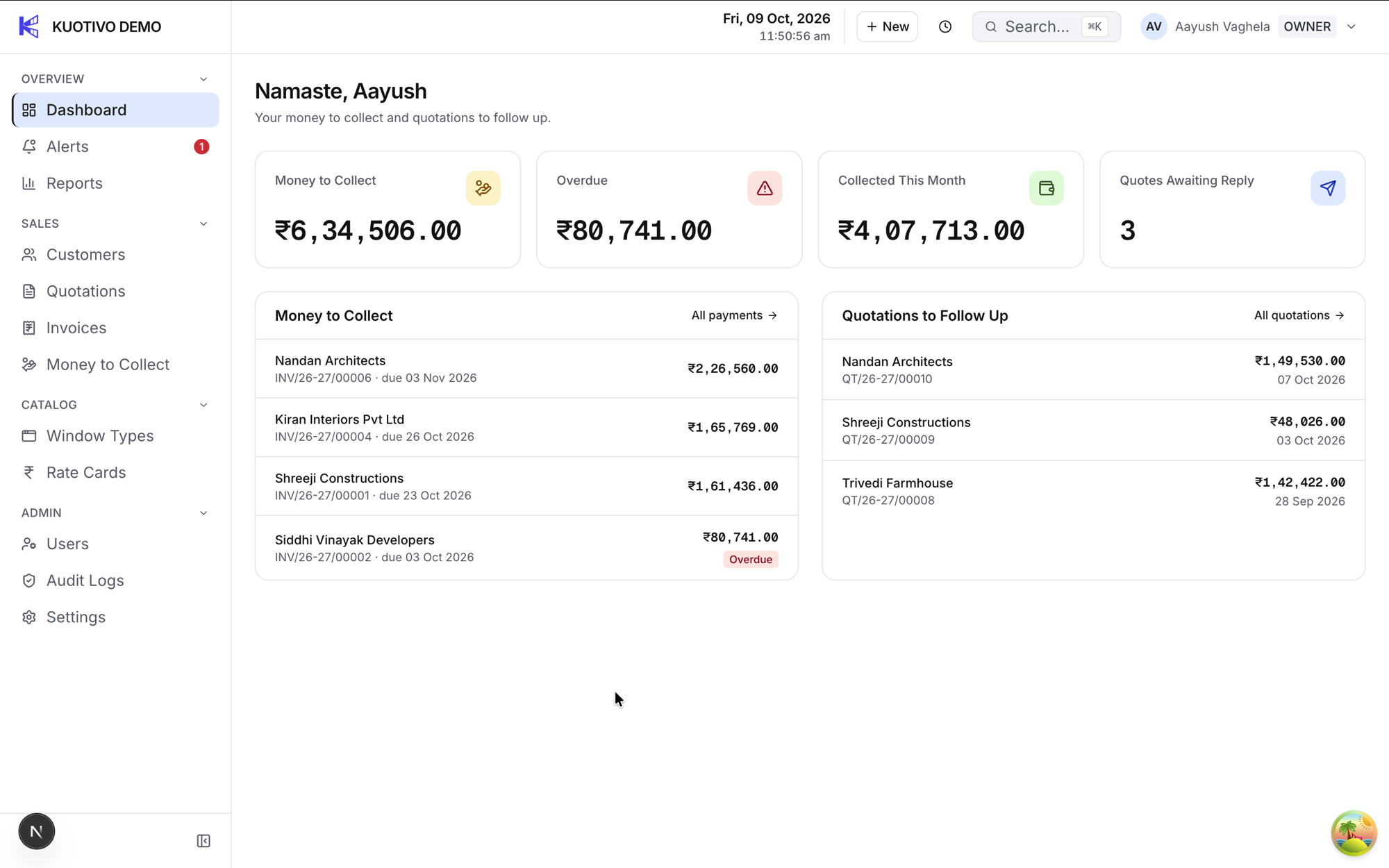 The Kuotivo dashboard showing money to collect, overdue, collected this month and quotations to follow up.