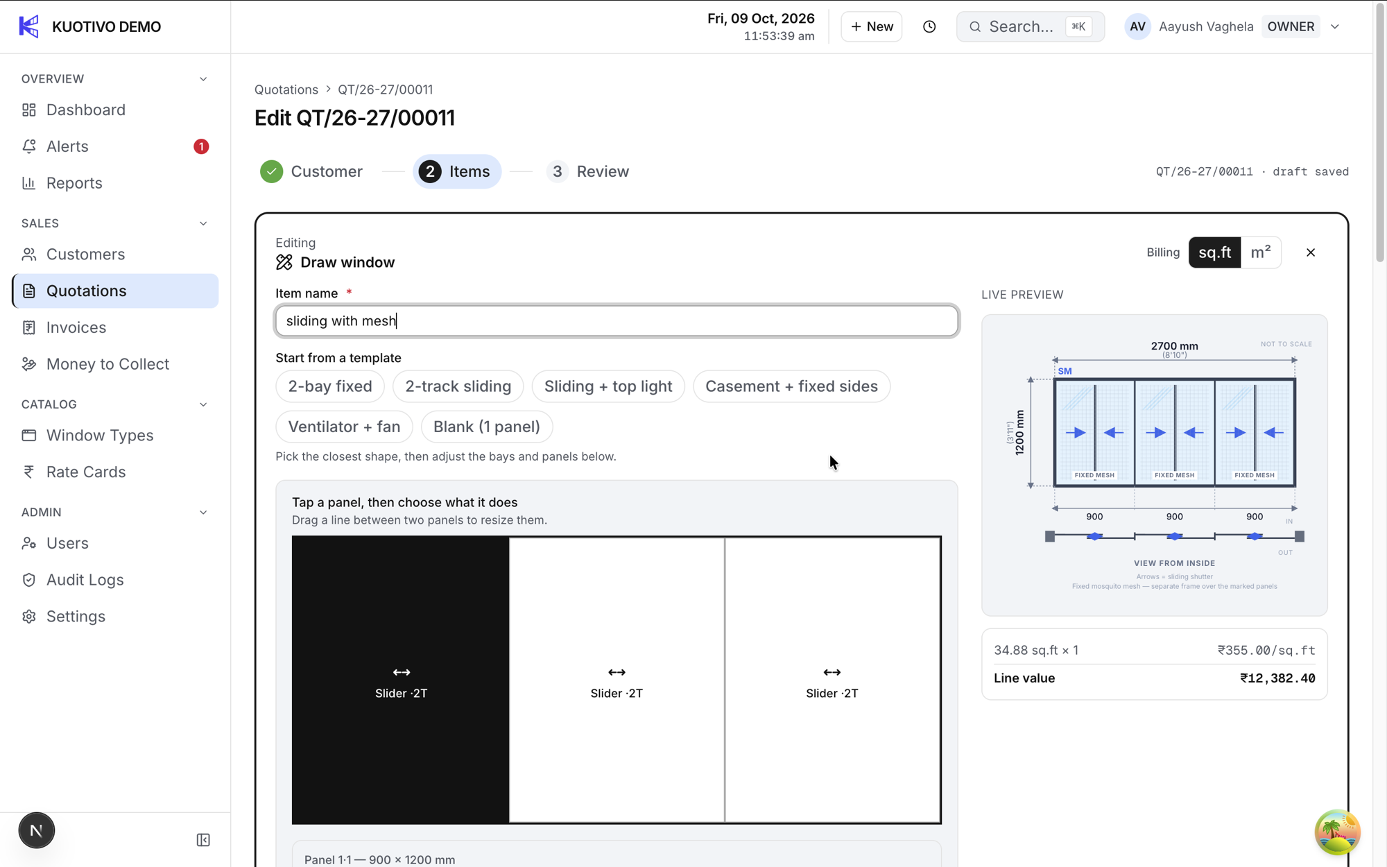 The Kuotivo draw window editor: a three panel grid on the left and a live shop drawing with dimension chains and a line value of twelve thousand three hundred and eighty two rupees on the right.