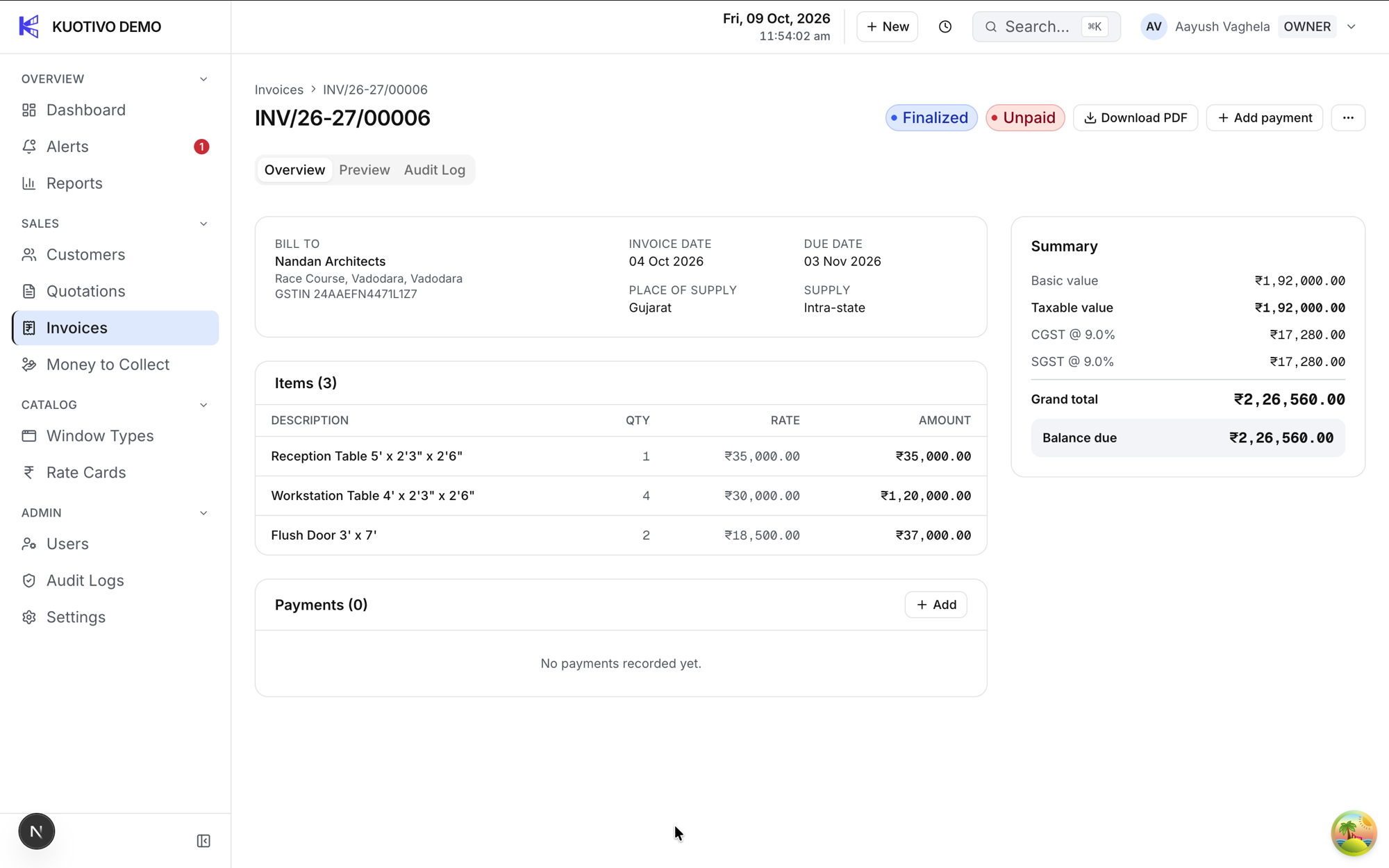 A Kuotivo tax invoice detail screen for an inter state IGST invoice.