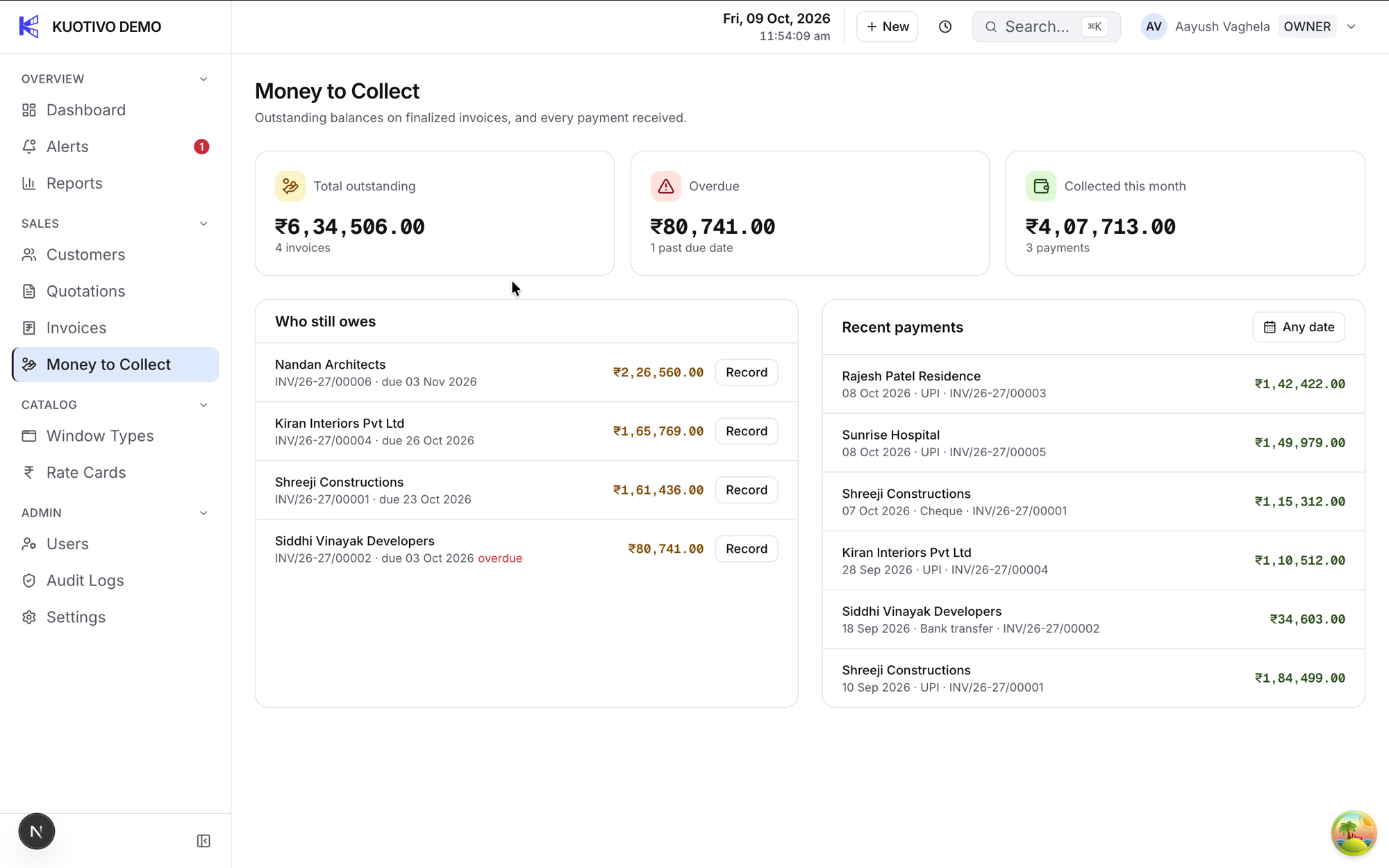 The Money to Collect screen in Kuotivo listing receipts recorded against invoices.