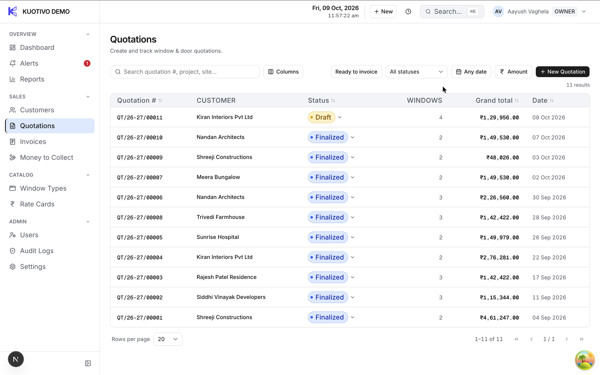 The Kuotivo quotations list showing eleven quotations with status, window count and grand total.