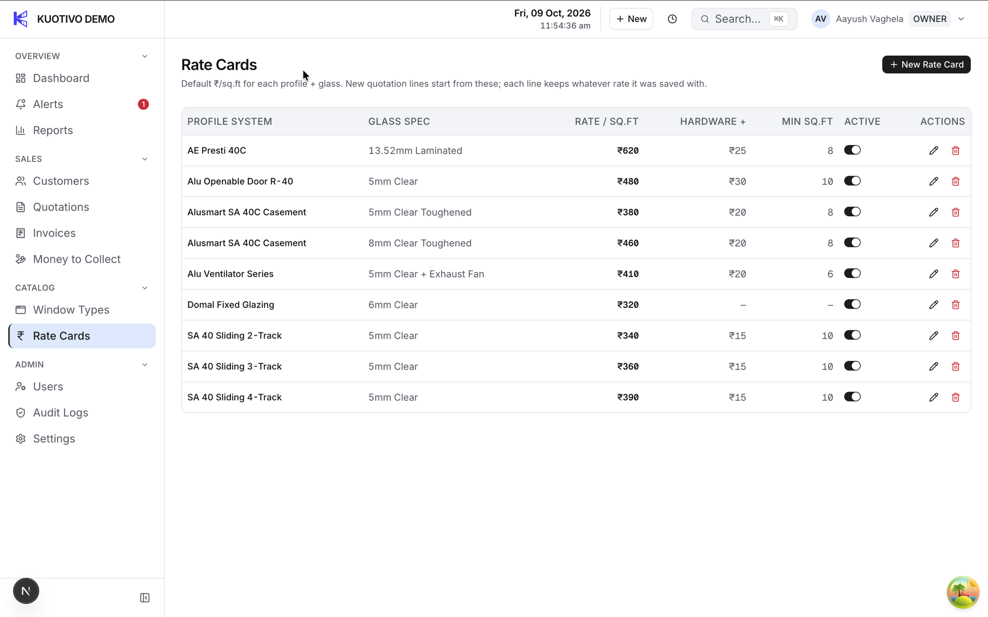 The Kuotivo rate cards screen listing profile systems against glass specifications and rates.