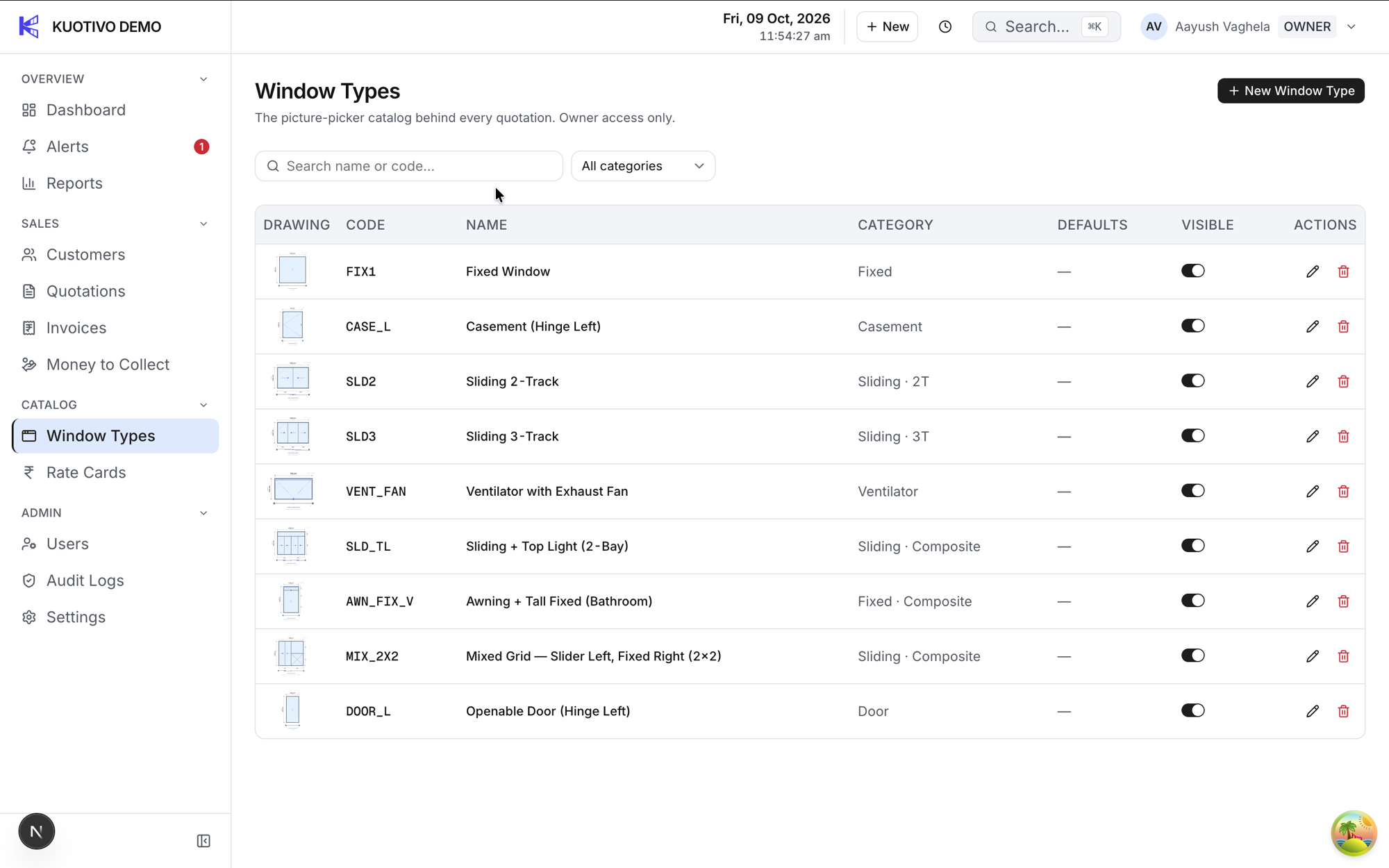 The Kuotivo window types catalog with thumbnail drawings for nine window types.